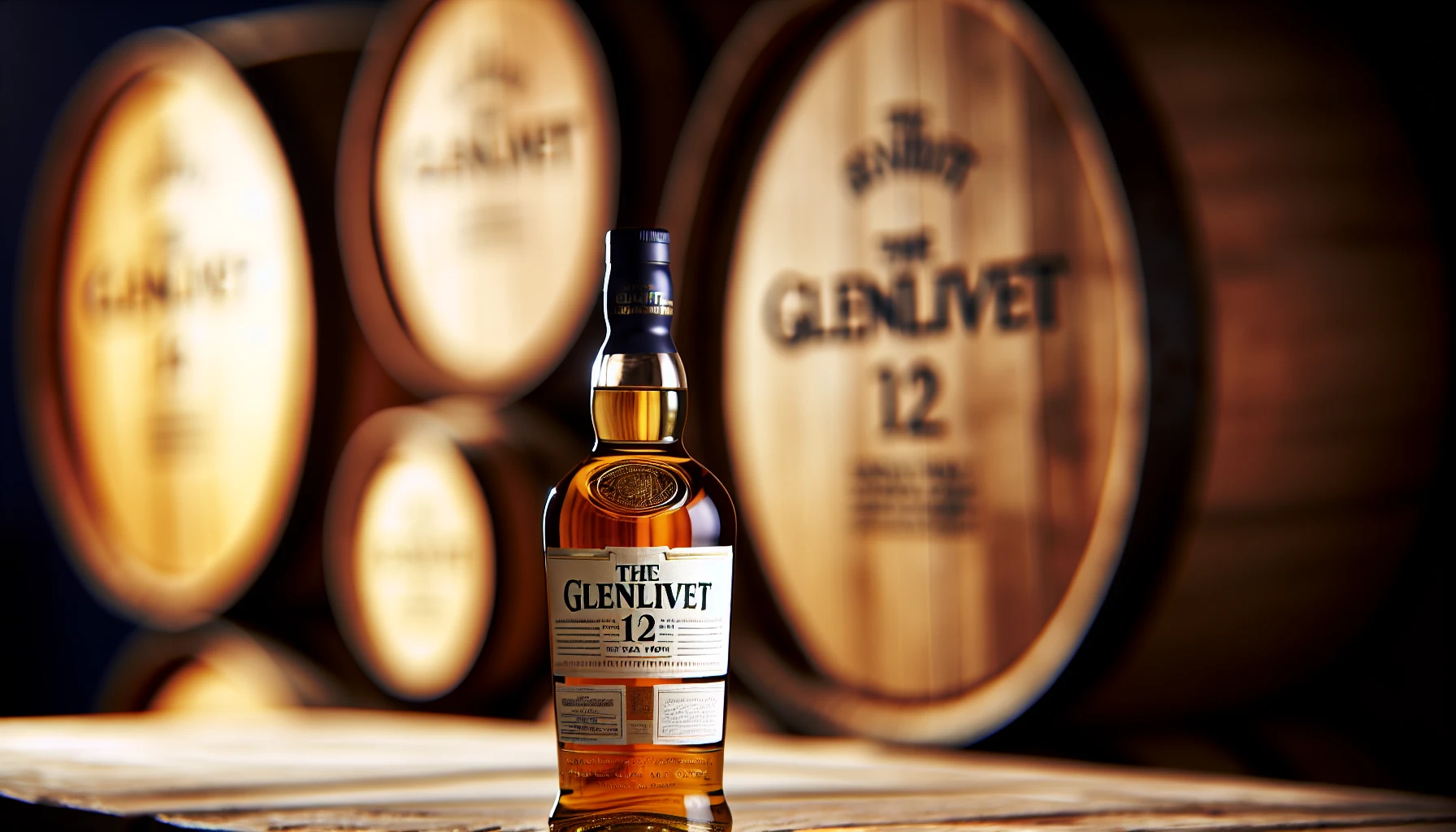 The Glenlivet 12 Year Old bottle with a backdrop of oak casks